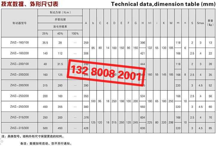 ZWZ3系列直流電磁鼓式制動(dòng)器技術(shù)數(shù)據(jù)、外形尺寸表